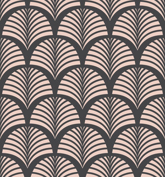 Botanical Art Deco Style Repeat Pattern Design With Stylized Palm Leaf Motifs In Dusty Pink. Floral Vintage Seamless Vector Pattern.