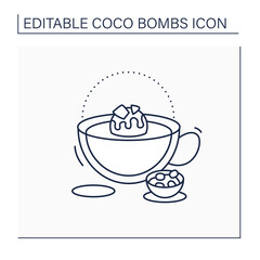Coco bomb line icon. Delicious dessert. Cute ball of chocolate with marshmallows filling inside. Bomb melt inside cup. Chocolate sweet.Isolated vector illustration.Editable stroke