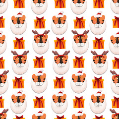 Obraz premium Seamless pattern with the image of a tiger and a gift