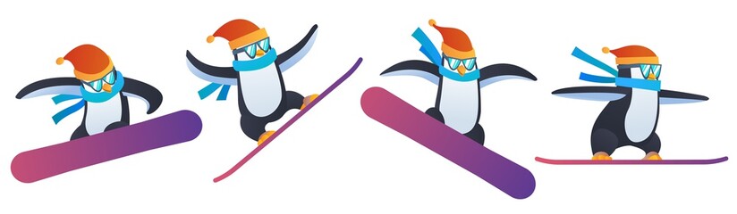 Penguin snowboard in various poses character