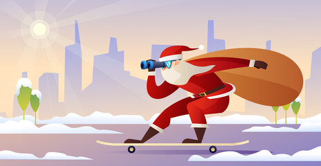Santa claus skateboarding in the city illustration