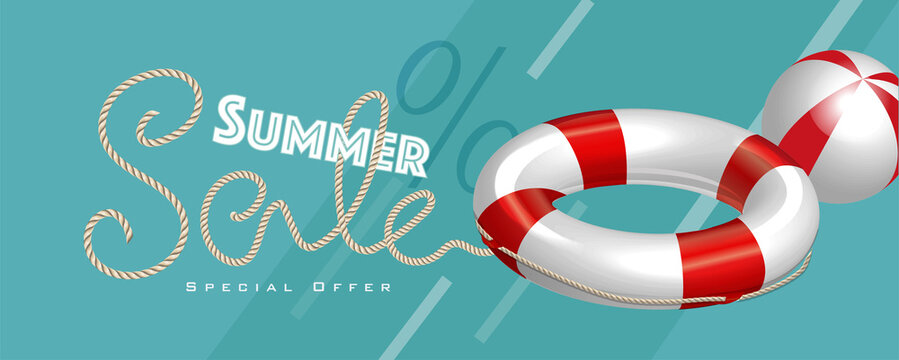Summer sale with rope text style and lifebuoy marketing template. EPS 10 Vector Illustration for greeting card, ad, promotion, poster, flier, blog, article and social media.