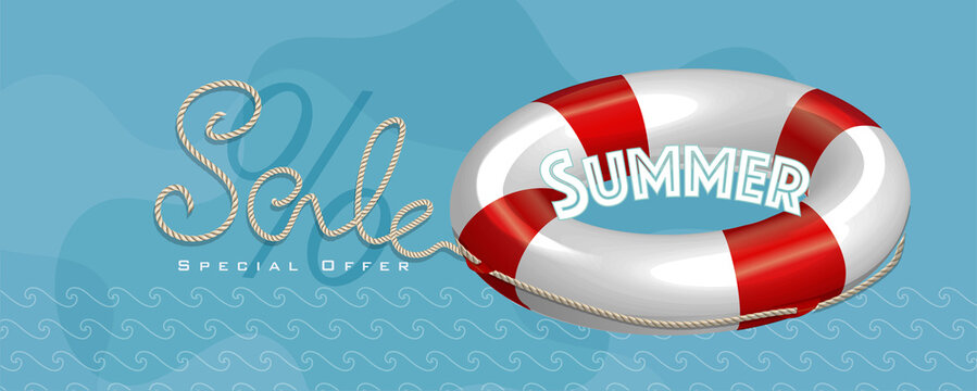 Summer sale with rope text style and lifebuoy marketing template. EPS 10 Vector Illustration for greeting card, ad, promotion, poster, flier, blog, article and social media.