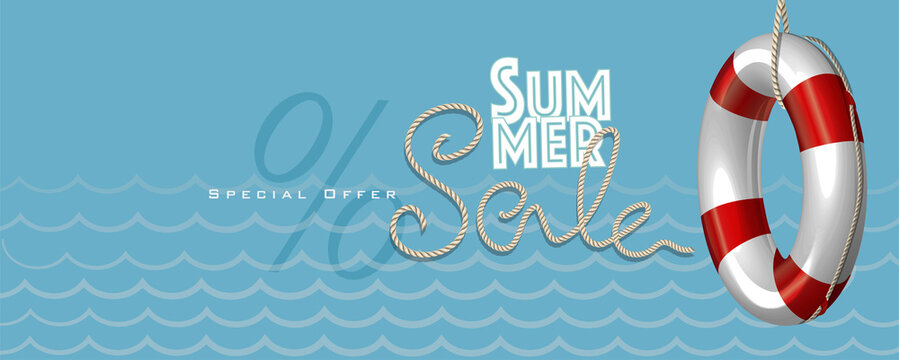 Summer sale with rope text style and lifebuoy marketing template. EPS 10 Vector Illustration for greeting card, ad, promotion, poster, flier, blog, article and social media.