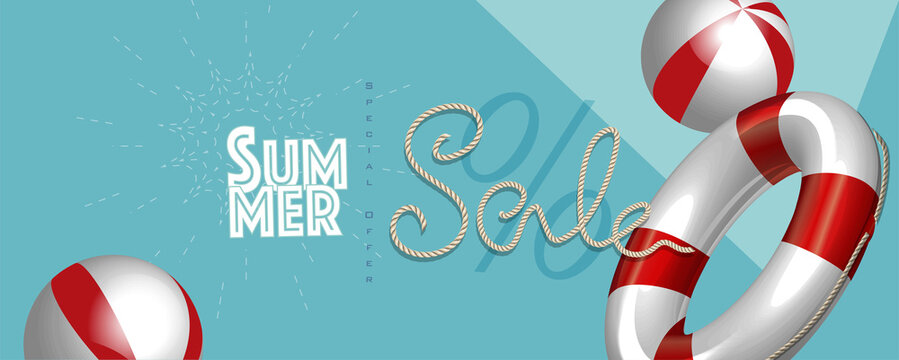 Summer sale with rope text style and lifebuoy marketing template. EPS 10 Vector Illustration for greeting card, ad, promotion, poster, flier, blog, article and social media.