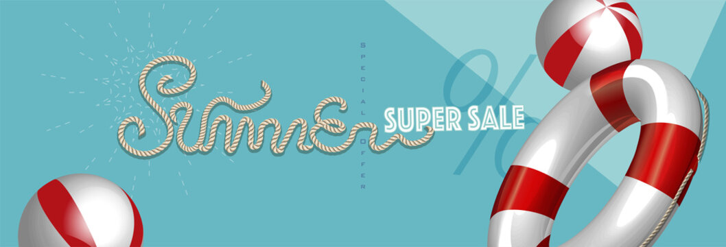 Summer sale with rope text style and lifebuoy marketing template. EPS 10 Vector Illustration for greeting card, ad, promotion, poster, flier, blog, article and social media.