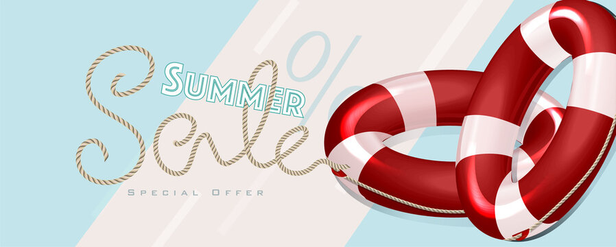 Summer sale with rope text style and lifebuoy marketing template. EPS 10 Vector Illustration for greeting card, ad, promotion, poster, flier, blog, article and social media.