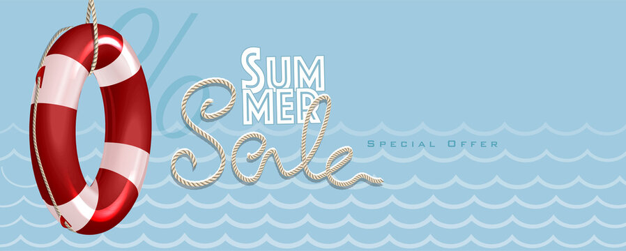 Summer sale with rope text style and lifebuoy marketing template. EPS 10 Vector Illustration for greeting card, ad, promotion, poster, flier, blog, article and social media.