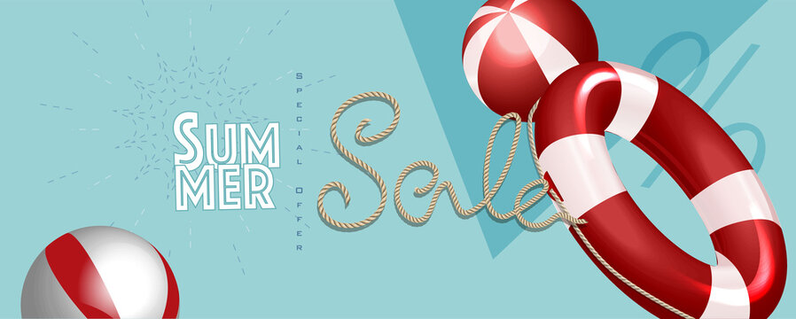 Summer sale with rope text style and lifebuoy marketing template. EPS 10 Vector Illustration for greeting card, ad, promotion, poster, flier, blog, article and social media.
