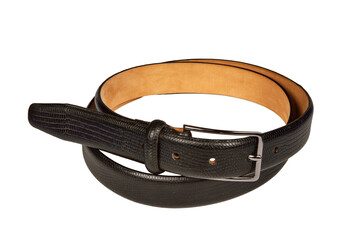 Rolled up black leather belt with snakeskin texture isolated on white background