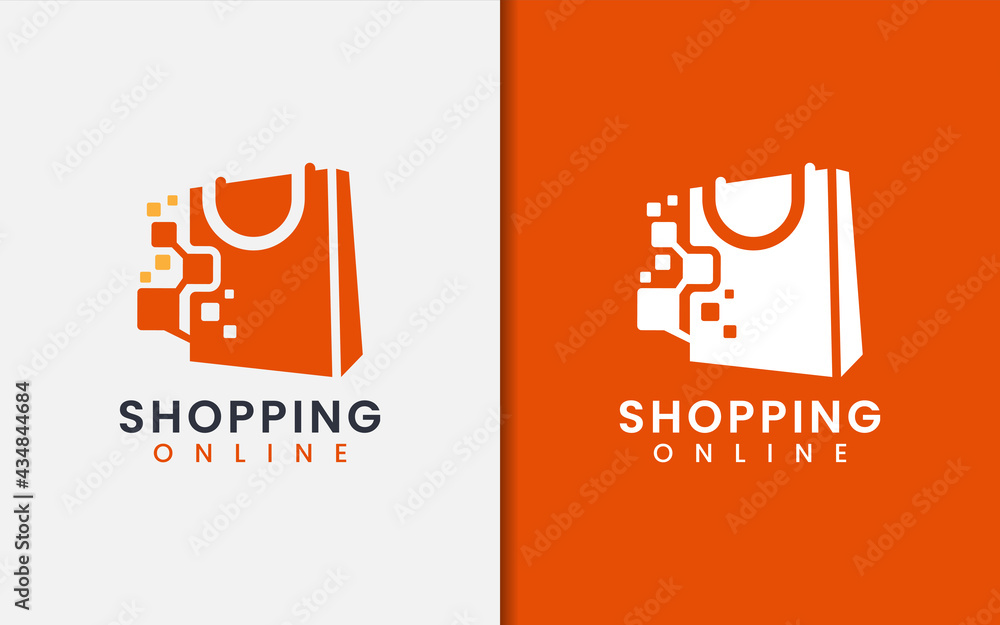Poster abstract shopping bag combined with digital tech element logo design.