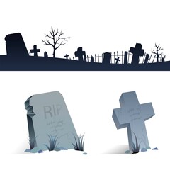 Isolated gravestones and crosses, silhouette of cemetery landscape