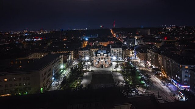 Drone footage of st. Sedmochislenici Sofia  during night. Time Lapse. Hyper Lapse