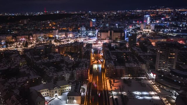 Drone footage of Sofia  during night Time Lapse. Hyper Lapse 5 square, NDK, National palace of culture