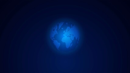Dark background with small blue glowing digital Earth in the center