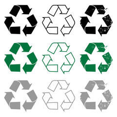 snvi16 SetNewVectorIllustration snvi - 9 recycling icon . black, green, grey vector set . recycle logo . filled outline grunge version . simple flat - transparent . AI10 / EPS10 . g10565