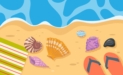 Fototapeta na wymiar Seashells, towel ad flip-flops on sand cartoon illustration. Sandals, blanket, colorful shells lying near blue water. Holiday, vacation, summer, traveling concept
