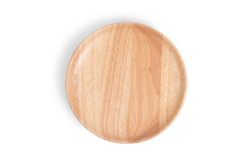 Top view of Empty round wooden plate isolated on white background.
