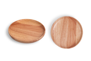 Two views of Wood plate isolated on white background. Top view and 45-degree field of view