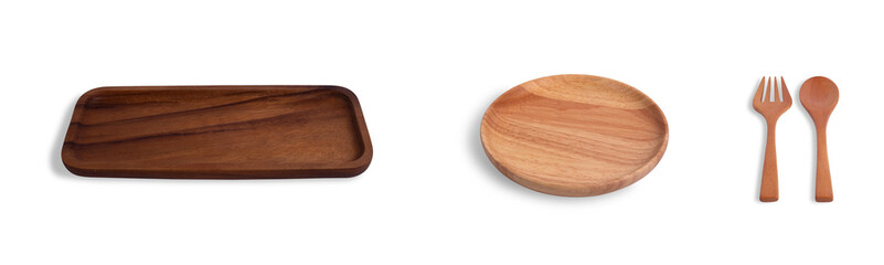 Wooden kitchen utensils, Tray, Plate, Spoon, and Fork, Isolated on white background.