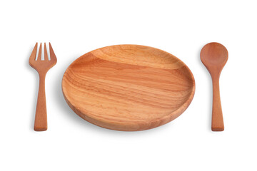 Empty round wooden plate with spoon and fork isolated on white background. 45-degree field of view