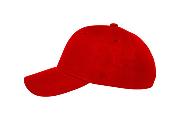 Baseball cap color red close-up of side view on white background
