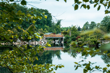 Landscape of the bridge in the japanese garden at the Frederik Meijer Gardens in Grand Rapids Michigan