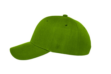 Baseball cap color green close-up of side view on white background
