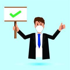 Asian woman man businessman wear surgical mask character smiling on isolated illustration flat vector realistic for lifestyle business marketing office or service car customer dealership 