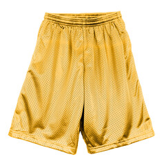 Blank mesh short pants color gold front view on white background
