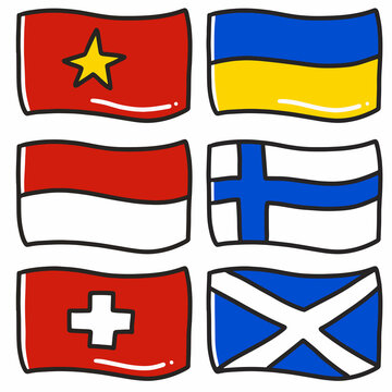illustration of the flags of six world countries hand-drawn doodle art and design element