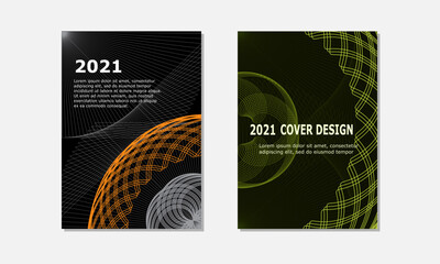 Modern cover design. Bright abstract line pattern (guilloche curves) in orange, green, yellow colors on black background.  Spirograph line vector for business report, book, brochure template