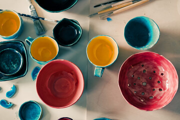 Coloured pottery and brushes in ceramic workshop, red, yellow, blue cups on white table