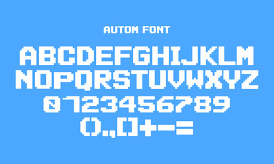 pixel font in bold vector. uppercase font provided in unique style. creative font which may be possible to use in technological, gaming, and digital themes. alphabet, number, and punctuation in set.