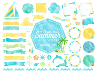 夏、水彩、ビーチ、フレーム、海、イラスト、吹き出し / 自然、風景、生き物