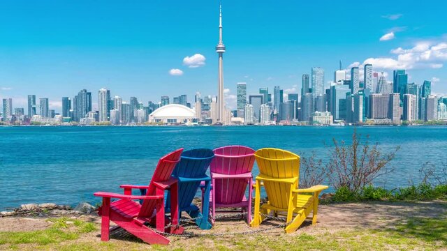 4K timelapse of daytime view of Toronto skyline and Lake Ontario during spring summer as seen from Toronto island,Toronto, Ontario Canada