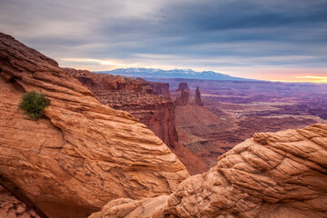 View over Mesa Arch in Canyonlands National Park in the morning