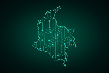 Map of Colombia, network line, design sphere, dot and structure on dark background with Map Colombia, Circuit board. Vector illustration. Eps 10