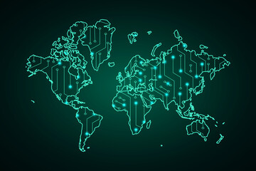 Map of World, network line, design sphere, dot and structure on dark background with Map World, Circuit board. Vector illustration. Eps 10