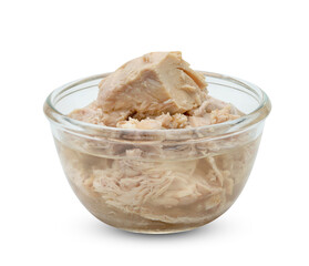 Canned tuna chunk in vegetable oil with glass bowl isolated on white background