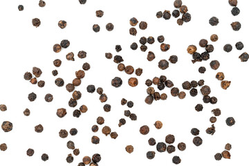 Black pepper pile or Black peppercorns seeds isolated on white background. - obrazy, fototapety, plakaty