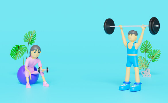 Fitness Man Doing Deadlifting Barbells Overhead With Woman Lifting Dumbbell In Gym On Blue Background ,3d Illustration Or 3d Render