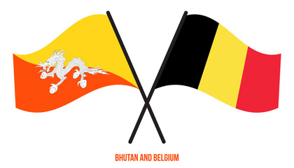 Bhutan and Belgium Flags Crossed And Waving Flat Style. Official Proportion. Correct Colors.
