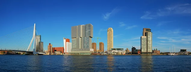 Foto op Plexiglas Erasmusbrug Rotterdam skyscrapers skyline and Erasmusbrug bridge over of Nieuwe Maas river. Rotterdam