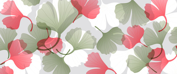 Abstract art gingko Biloba leaves background vector. Wallpaper design with watercolor art texture from palm leaves, Jungle leaves, monstera leaf, exotic botanical floral pattern. 