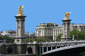 Paris skyline with close-up of ornate decorations on the Alexander Bridge