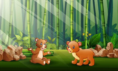 Cartoon of two bears in the bamboo forest background