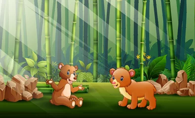 Foto op Plexiglas Cartoon van twee beren op de achtergrond van het bamboebos © dreamblack46