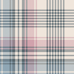 Plaid check vector pattern in grey blue, pink, off white. Large seamless tartan graphic for scarf, poncho, blanket, duvet cover, other modern spring summer womenswear fashion textile print.
