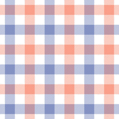 Seamless vichy pattern vector check background in blue purple, coral pink, white. Spring summer geometric gingham design for tablecloth, picnic blanket, oilcloth, other fashion fabric or paper print.
